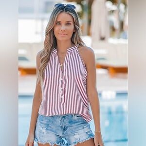 Striped V-Neck Buttoned Top